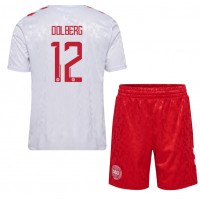 Echipament fotbal Danemarca Kasper Dolberg #12 Tricou Deplasare European 2024 pentru copii maneca scurta (+ Pantaloni scurti)